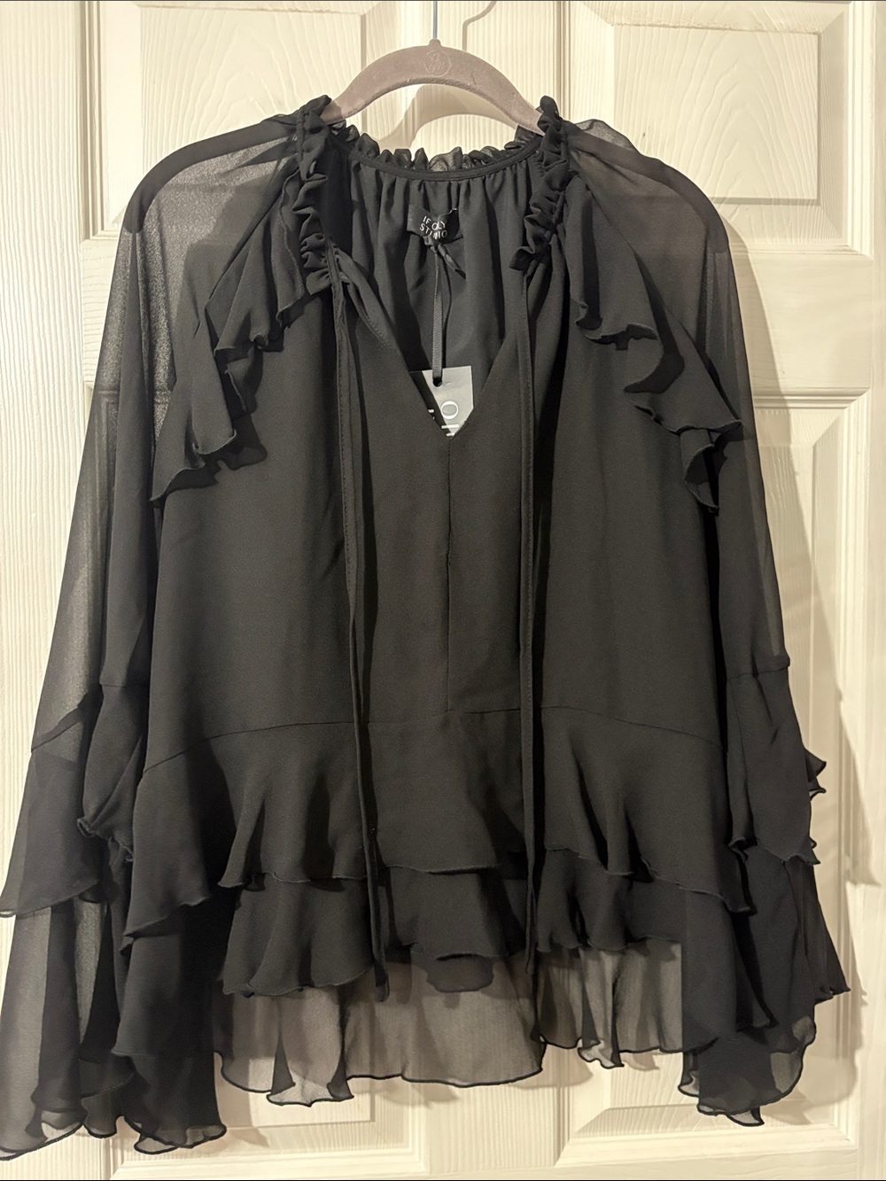 Ruffled Black Chiffon Blouse with Tie Neck